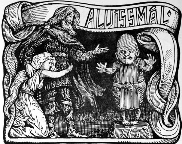 The God Thor holds his daughter while conversing with the dwarf Alvíss