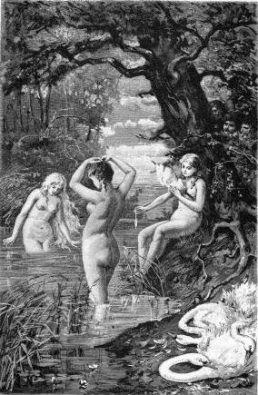 Völundr and his two brothers see the swan-maidens bathing