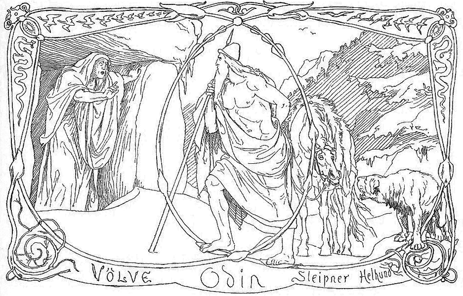 Volva, Odin, Sleipnir and Helhound